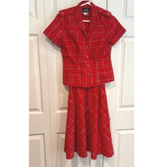 Vintage 80s Patty Woodward Red Plaid Skirt Set Button Up Short Sleeve - Picture 1 of 7